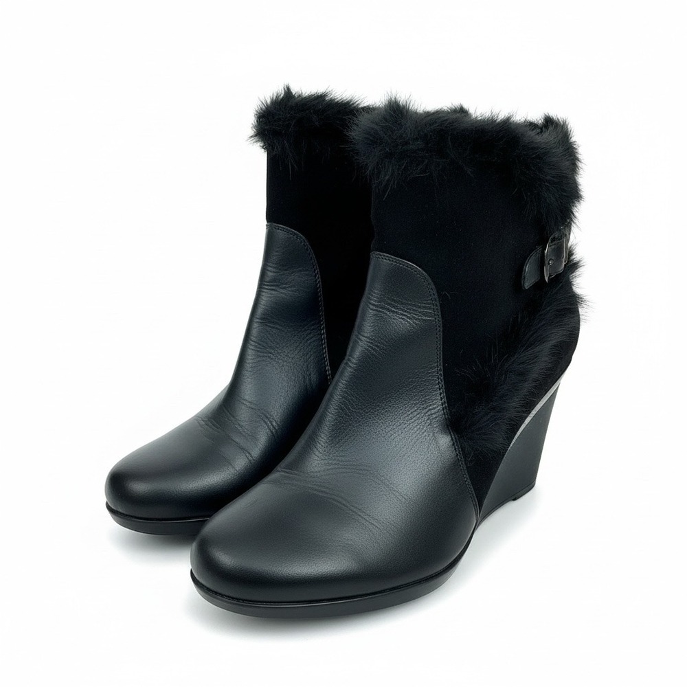 Aquatalia Black Suede & Leather Rabbit-Fur Wedge Booties – Size‎ 10 Side Zip